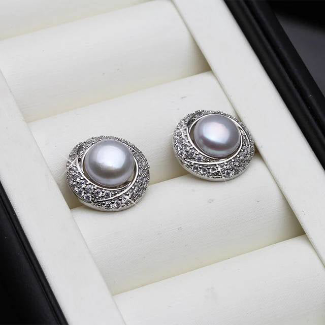 Designer White Freshwater Pearl & Simulated Diamond Round Stud Earrings-4